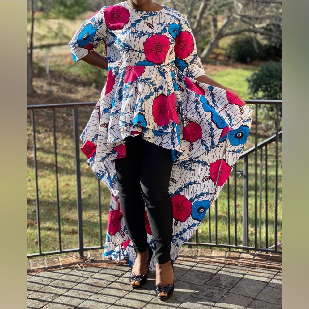 Floral High-Low Peplum Blouse in White with Pink & Blue Flowers